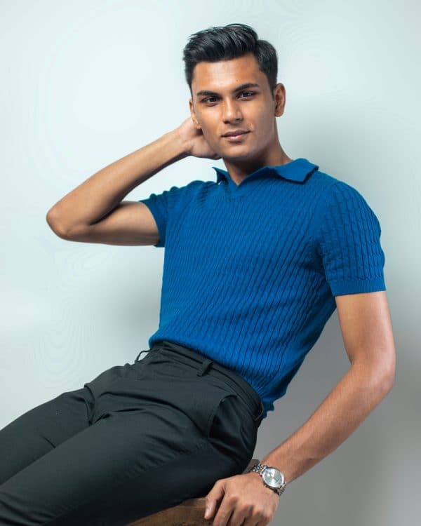 Men's Cable Knit Polo in Blue - Gorur Ghash