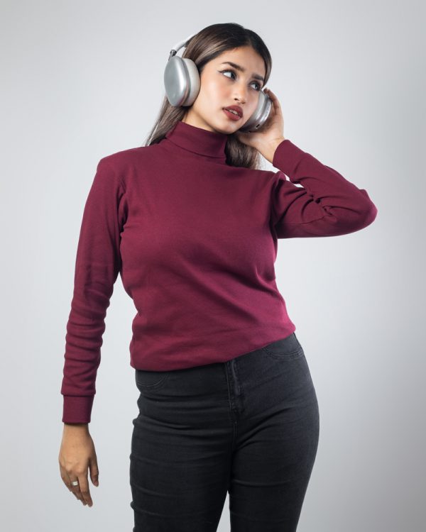 Women’s Long Sleeve Ribbed Maroon Turtleneck Pullover - Image 3