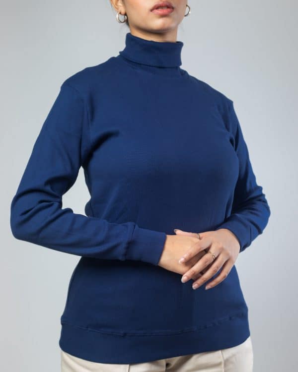 Women’s Long Sleeve Ribbed Navy Blue Turtleneck Pullover - Image 2