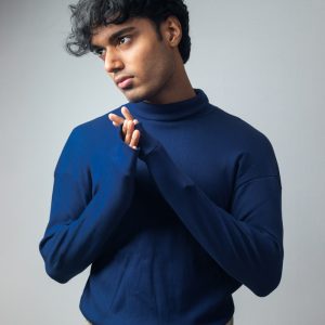Men’s Long Sleeve Ribbed Navy Blue Turtleneck Pullover