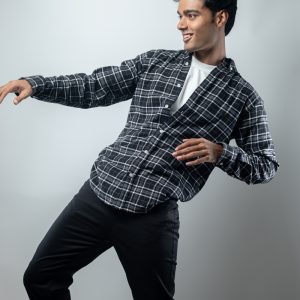Men's Long Sleeve Flannel Shirt in Black with White Lines