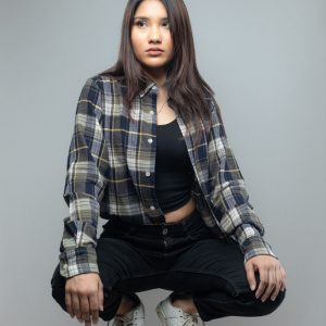 Women's Long Sleeve Flannel Shirt in Olive Green & White