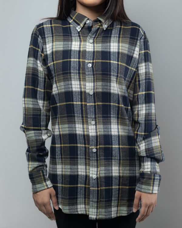 Women's Long Sleeve Flannel Shirt in Olive Green & White - Image 3
