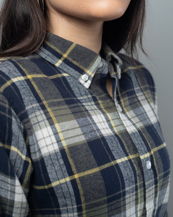 Women's Long Sleeve Flannel Shirt in Olive Green & White - Image 2