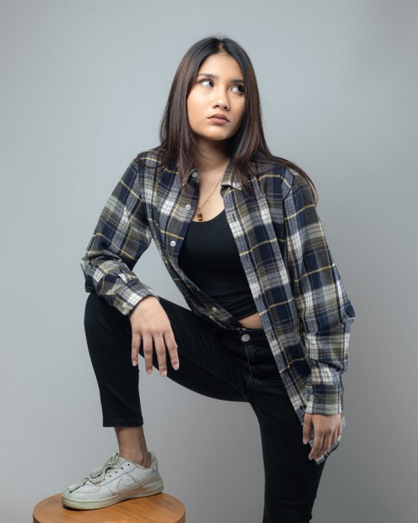 Women's Long Sleeve Flannel Shirt in Olive Green & White - Image 7