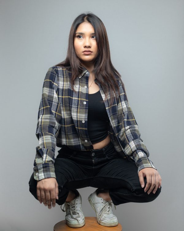 Women's Long Sleeve Flannel Shirt in Olive Green & White