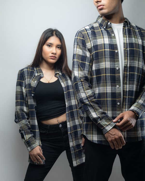 Women's Long Sleeve Flannel Shirt in Olive Green & White - Image 5