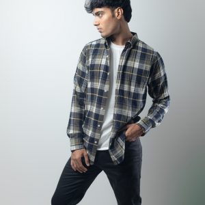 Men's Long Sleeve Flannel Shirt in Olive Green & White