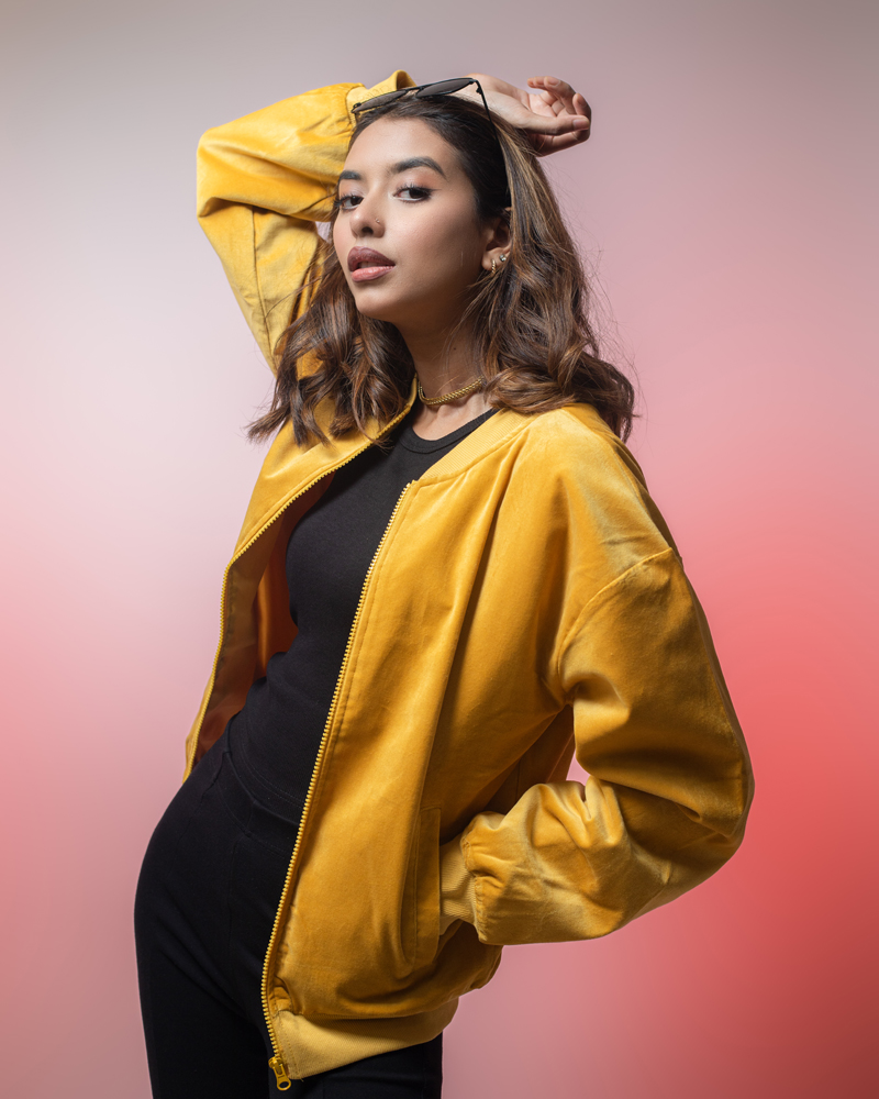 Velvet Bomber Jacket in Mustard Yellow - Image 9