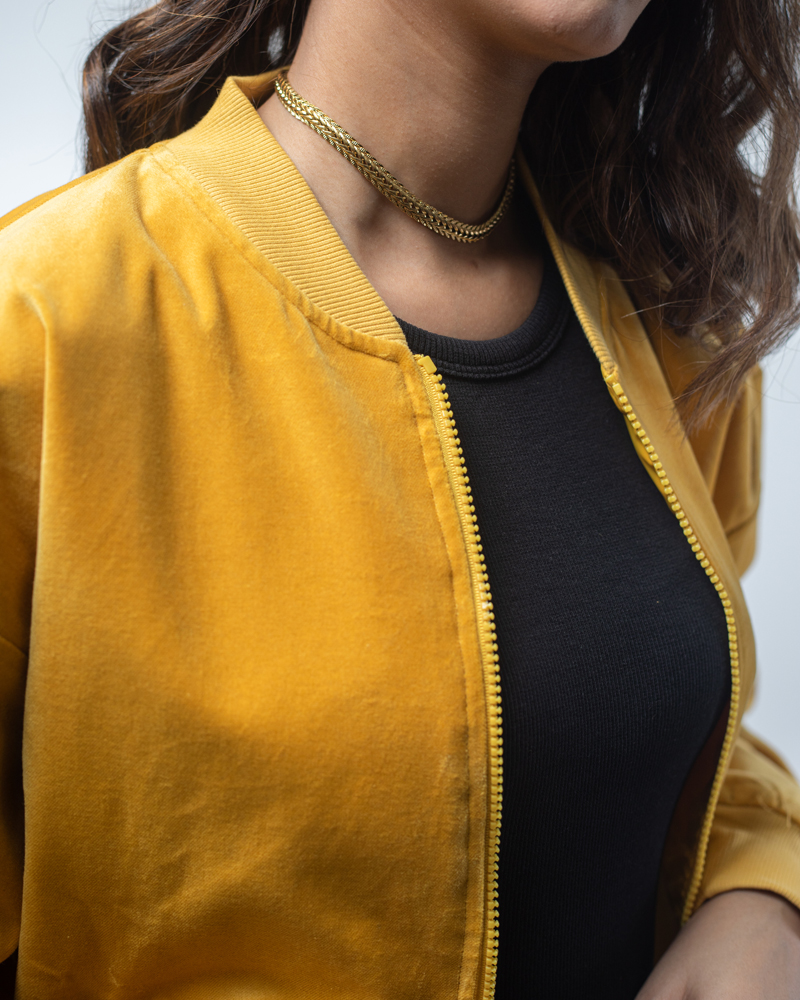 Velvet Bomber Jacket in Mustard Yellow - Image 10