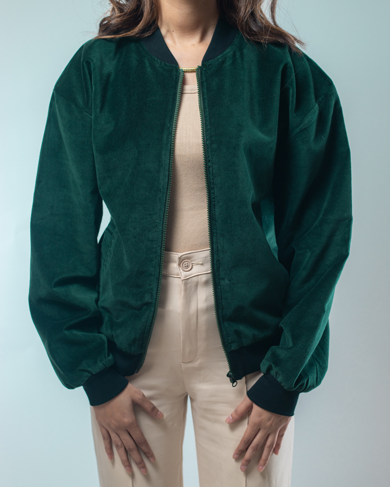Velvet Bomber Jacket in Bottle Green - Image 11