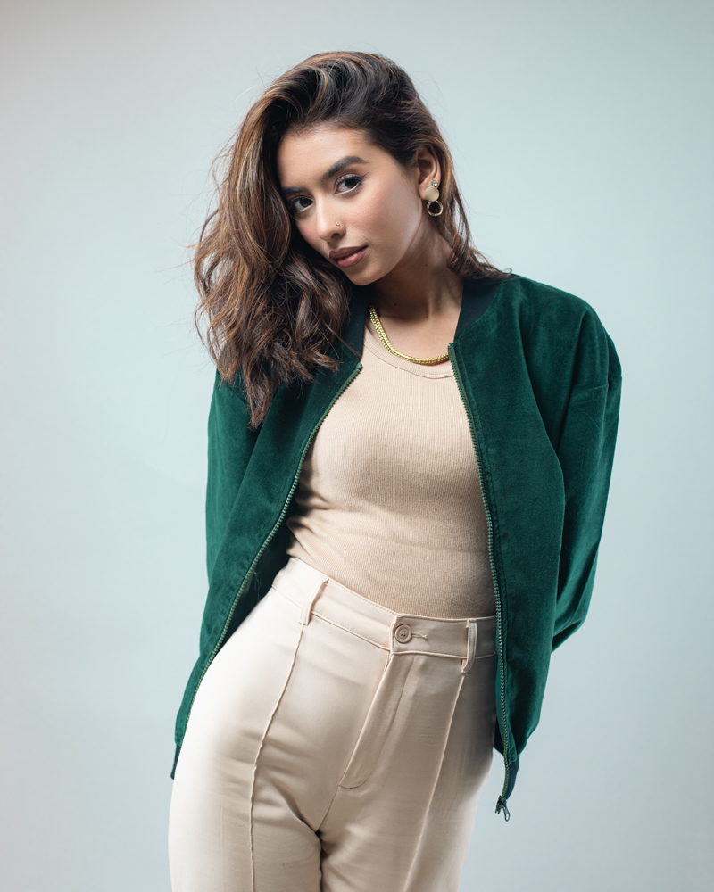 Velvet Bomber Jacket in Bottle Green - Image 9