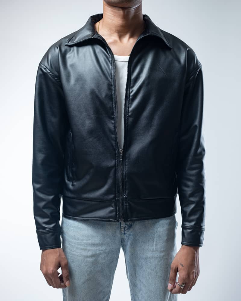 Men's Solid Faux Leather Jacket in Black - Gorur Ghash