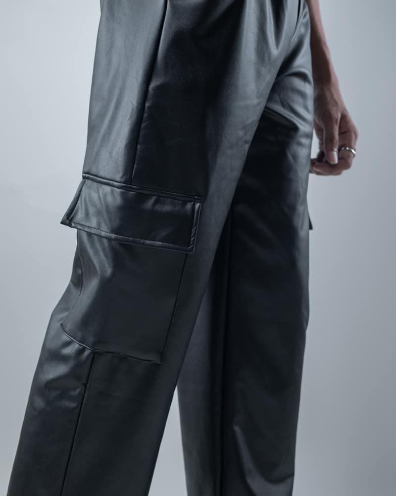 Men's Baggy Fit Faux Leather Cargo Pants in Black - Gorur Ghash