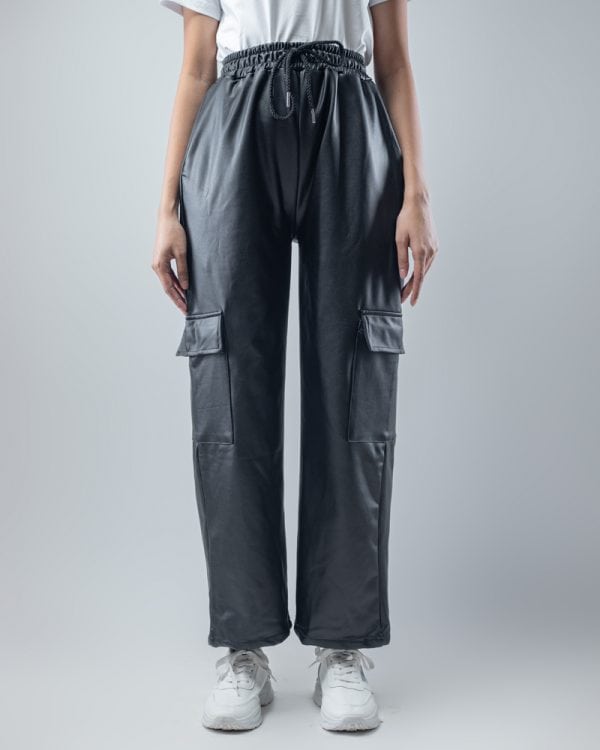 Women's Baggy Fit Faux Leather Cargo Pants in Black - Image 3