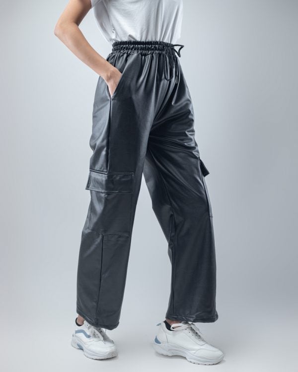 Women's Baggy Fit Faux Leather Cargo Pants in Black