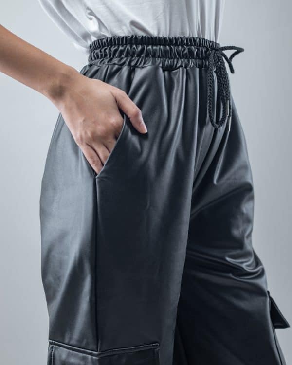 Women's Baggy Fit Faux Leather Cargo Pants in Black - Image 4