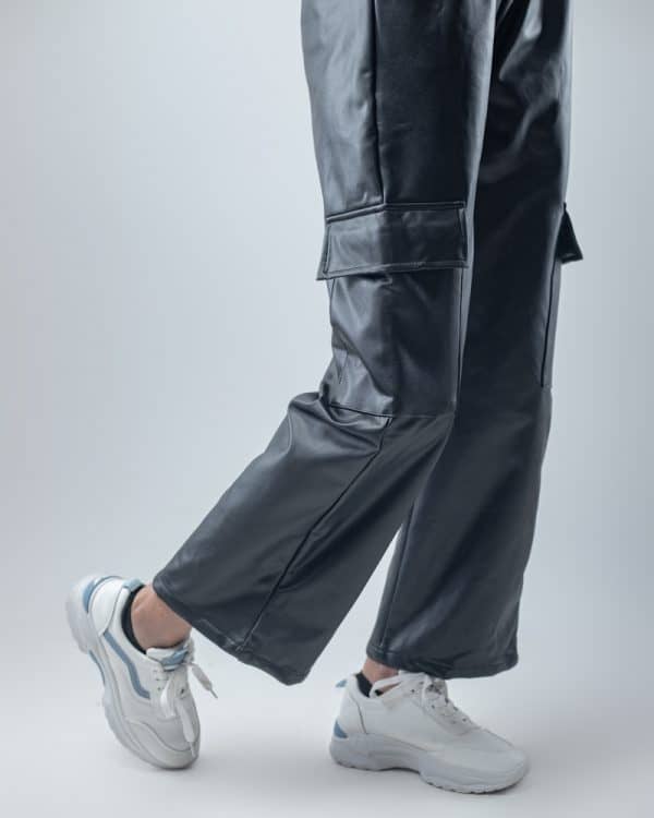 Women's Baggy Fit Faux Leather Cargo Pants in Black - Image 5