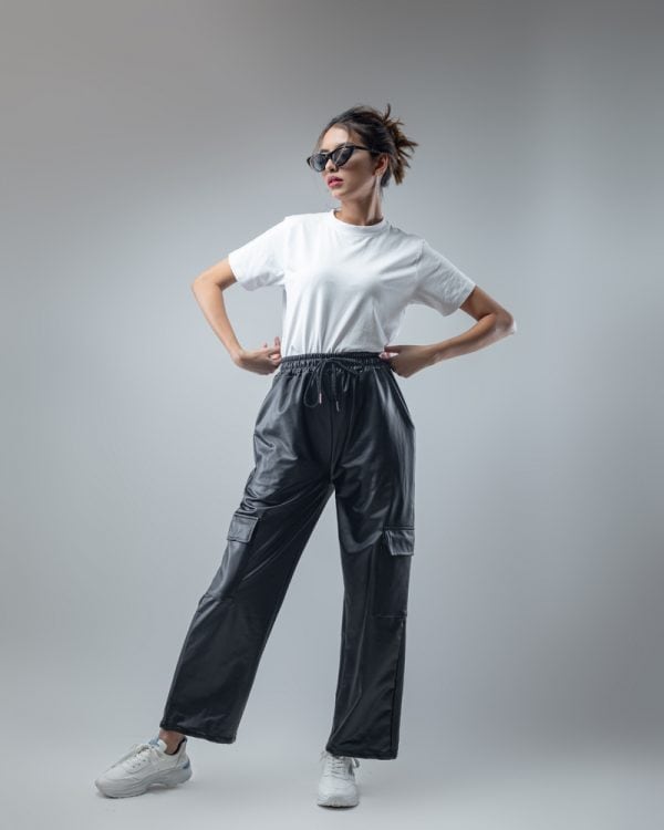 Women's Baggy Fit Faux Leather Cargo Pants in Black - Image 6