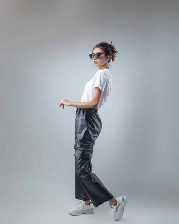 Women's Baggy Fit Faux Leather Cargo Pants in Black - Image 2