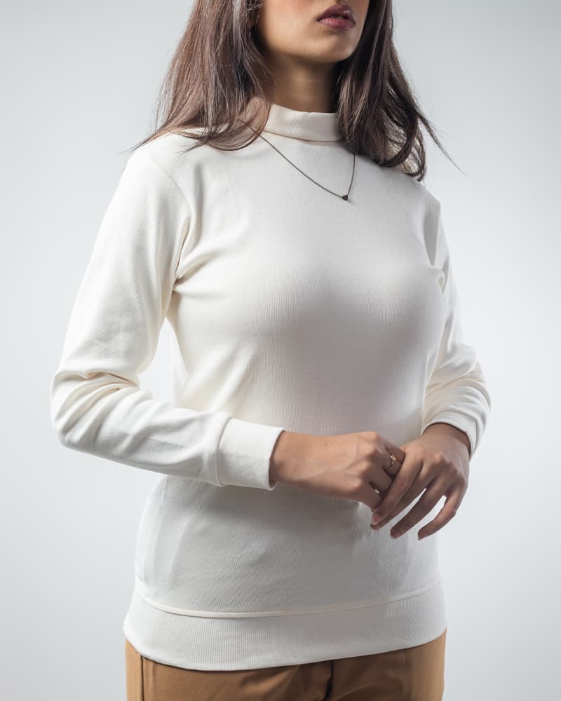 Women's Long Sleeve Ribbed Off-White Turtleneck Pullover - Gorur Ghash