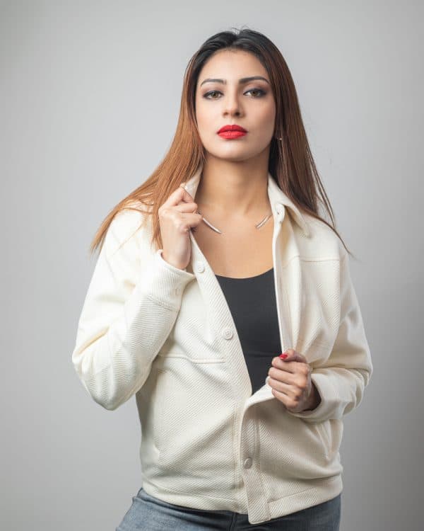 Women's Textured Jacket in Milky White - Gorur Ghash