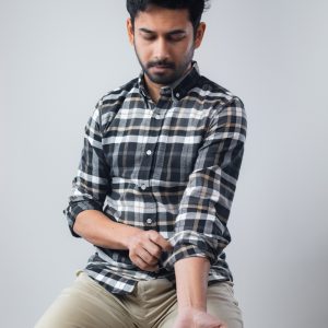 Men's Long Sleeve Flannel Shirt in Black & Cream