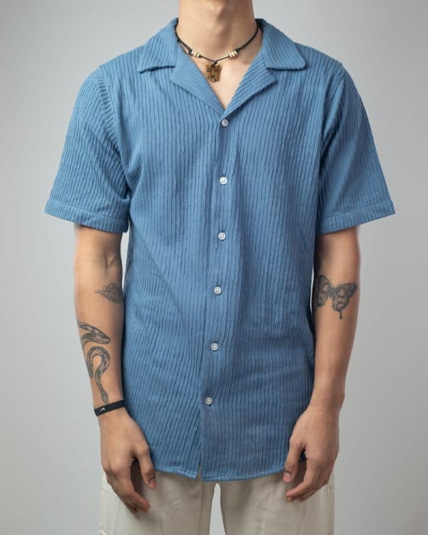 Men’s Vertical Stripe Patterned Half Sleeve Cuban Shirt in Steel Blue - Image 2
