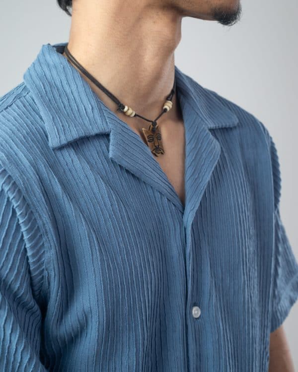 Men’s Vertical Stripe Patterned Half Sleeve Cuban Shirt in Steel Blue - Image 3