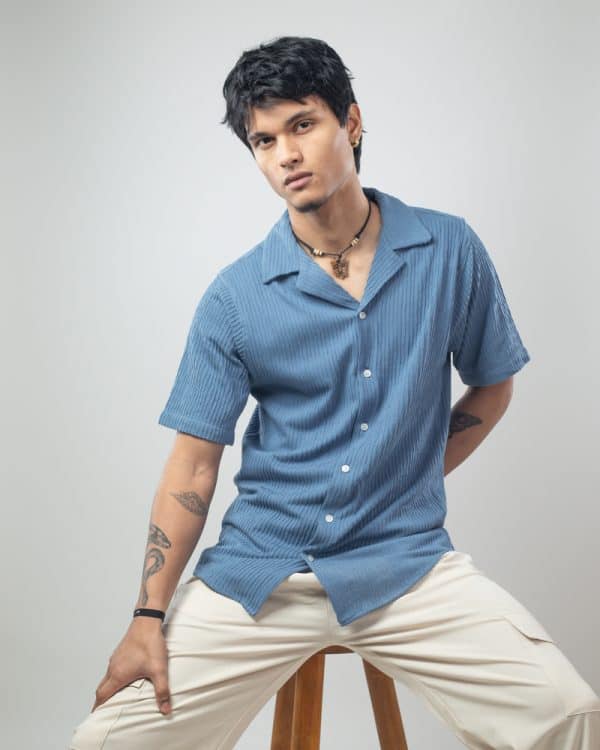 Men’s Vertical Stripe Patterned Half Sleeve Cuban Shirt in Steel Blue