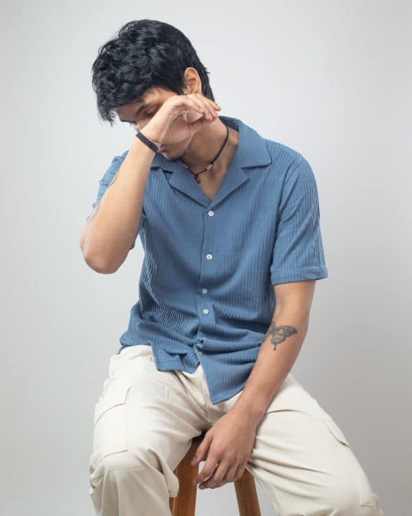 Men’s Vertical Stripe Patterned Half Sleeve Cuban Shirt in Steel Blue - Image 6