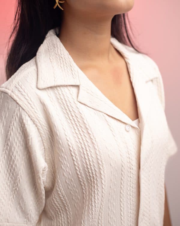 Women’s Cable Knit Patterned Half Sleeve Cuban Shirt in White - Image 4
