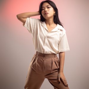 Women’s Cable Knit Patterned Half Sleeve Cuban Shirt in White