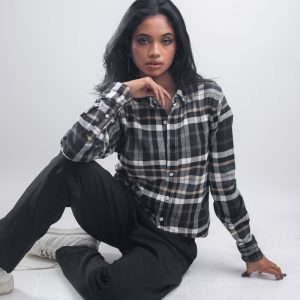 Women's Long Sleeve Flannel Shirt in Black & Cream