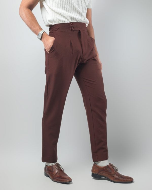 Men’s Brown Straight Fit Pleated Formal Gurkha Pants - Image 2