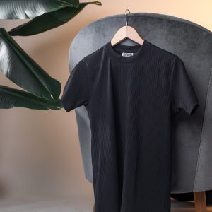 Premium Soft Textured Crewneck T-shirt in Matte Black With Stripes - Small