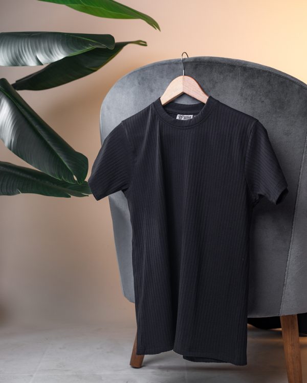 Premium Soft Textured Crewneck T-shirt in Matte Black With Stripes