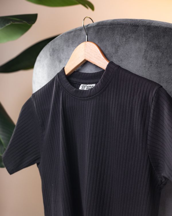 Premium Soft Textured Crewneck T-shirt in Matte Black With Stripes - Image 3