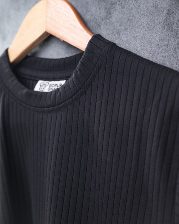 Premium Soft Textured Crewneck T-shirt in Matte Black With Stripes - Image 2
