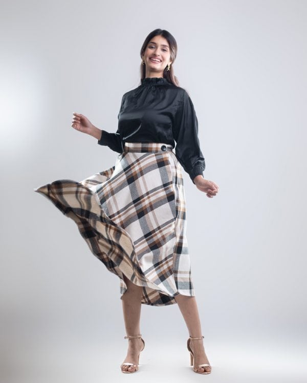 Women's Long Flannel Skirt in White and Brown - Image 6