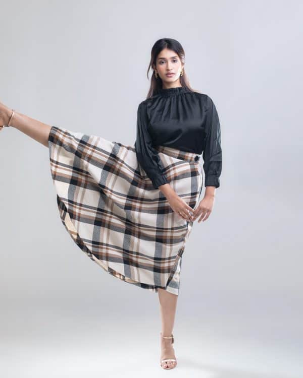 Women's Long Flannel Skirt in White and Brown