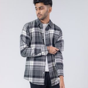 Men's Long Sleeve Flannel Shirt in Light Ash & White