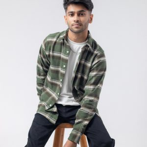 Men's Long Sleeve Flannel Shirt in Bottle Green & White