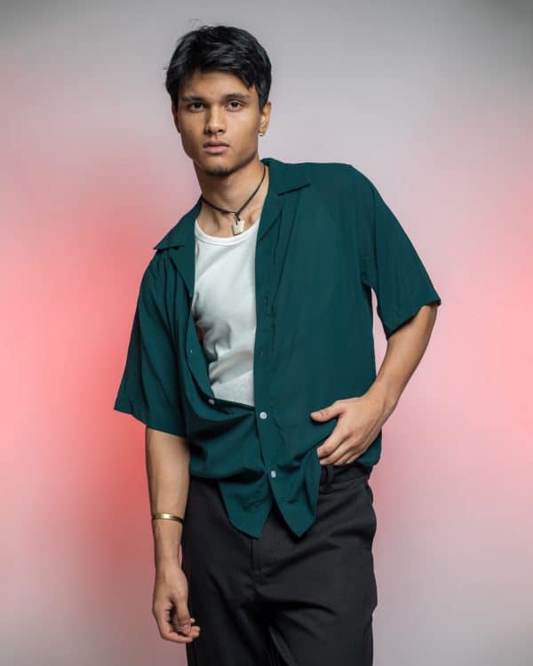 Men’s Green Sheer Oversized Drop shoulder Cuban Shirt - Image 3