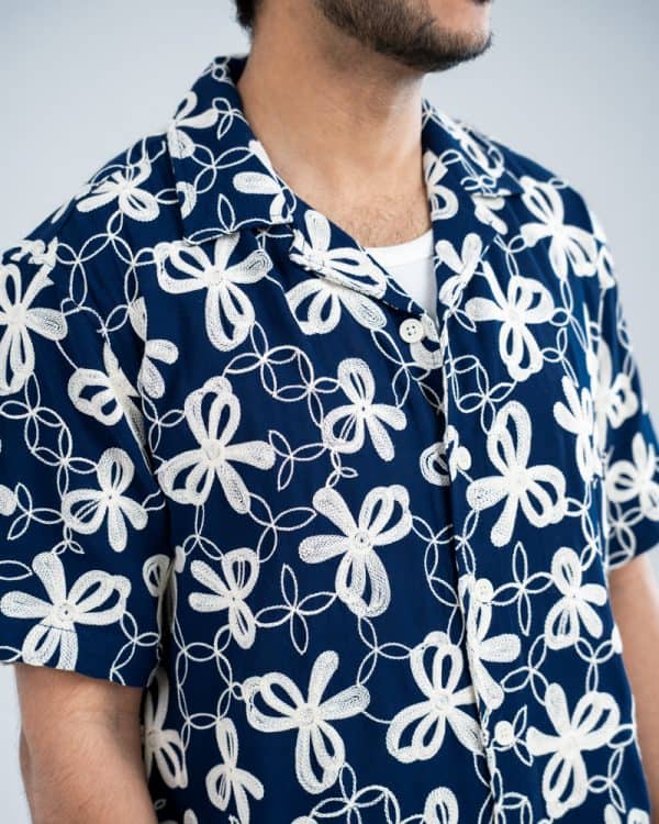 Men’s Oversized Drop Shoulder Embroidered Cuban Shirt in Navy Blue - Image 5