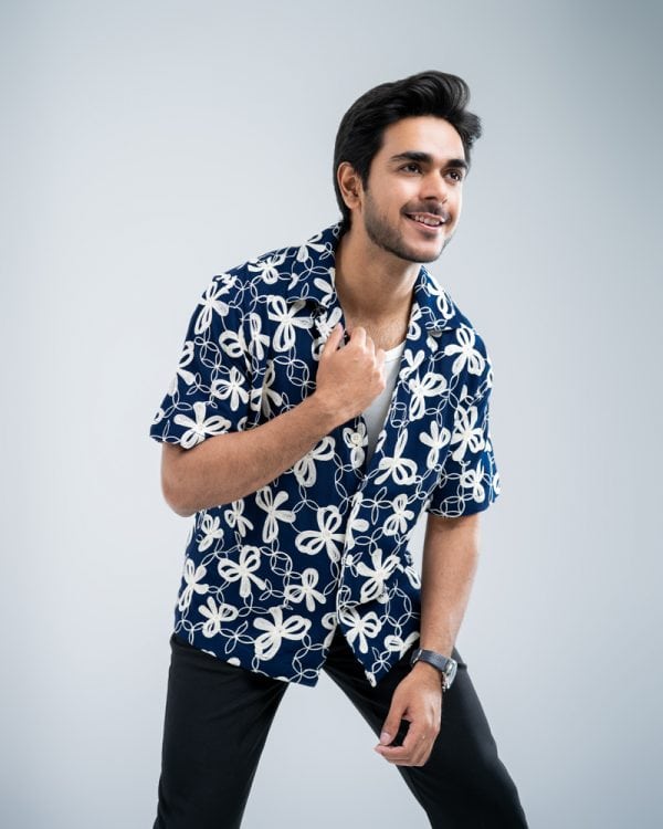Men’s Oversized Drop Shoulder Embroidered Cuban Shirt in Navy Blue - Image 2