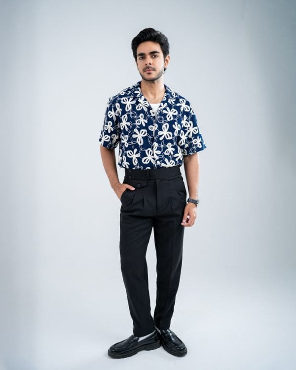 Men’s Oversized Drop Shoulder Embroidered Cuban Shirt in Navy Blue - Image 3