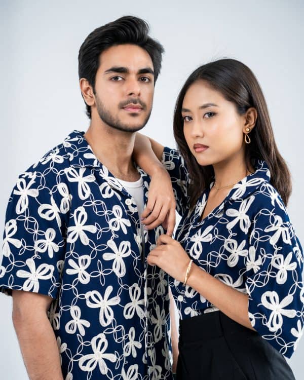 Men’s Oversized Drop Shoulder Embroidered Cuban Shirt in Navy Blue - Image 7
