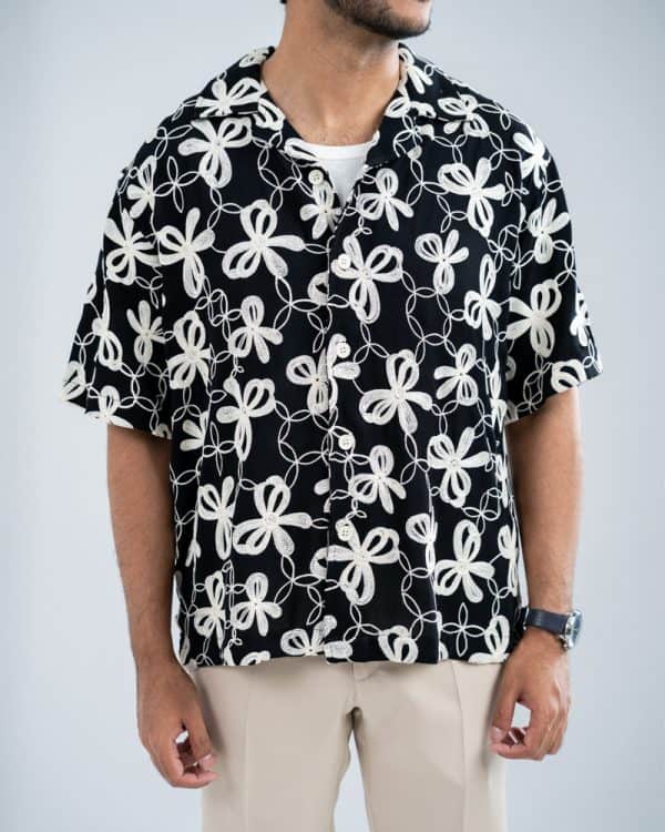 Men’s Oversized Drop Shoulder Embroidered Cuban Shirt in Black - Image 5