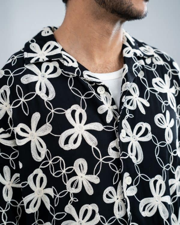 Men’s Oversized Drop Shoulder Embroidered Cuban Shirt in Black - Image 4